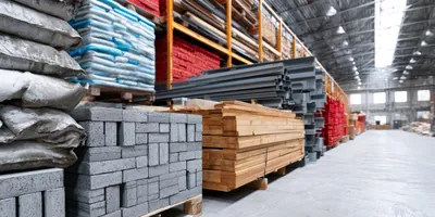 Bodega con estibas de cemento, block, madera y perfiles